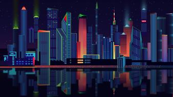 drawing of a skyscraper near the river at night