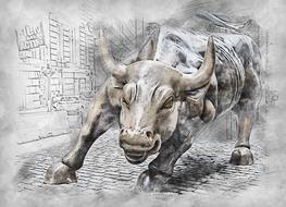 pencil drawing of a bull sculpture in new york