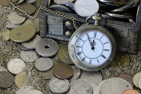 pocket watch and coins