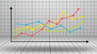 Colorful graph in growth with dots, at checkered background, on clipart