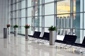 Interior, inside the business center with colorful plants and windows