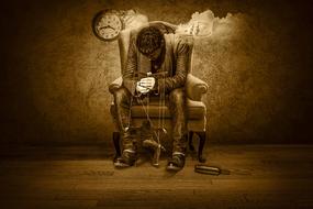 a man in a chair controls a puppet