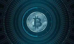Blue logo of Bitcoin, with patterns, clipart