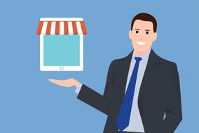 Smiling businessman, in suit, and shopping commerce, clipart