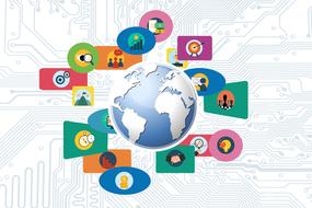 Blue and white Earth Globe, among the colorful icons, at background with the network, clipart
