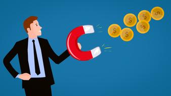 Man in suit, earning money with a magnet, at blue background, on clipart