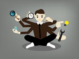 busy businessman with six hands, drawing