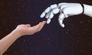 female hand and robot touching with fingers, collage