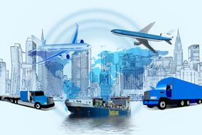 Logistics, drawing, transport at cityscape