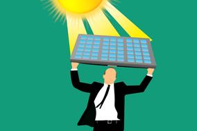 solar electricity, drawing, businessman holds panel beneath sun