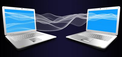 internet communication, white fractal between two laptops, digital art