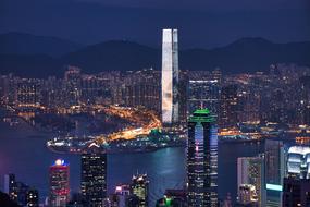 evening panorama of the financial center in Hong Kong