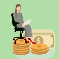 painted girl sitting on a computer chair on a stack of coins