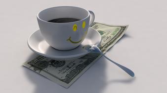 a cup of coffee with a smiley face on a dollar bill