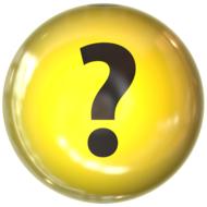 Shiny, yellow, round icon with black question mark, at white background, on clipart