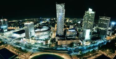 Cityscape of the beautiful Warsaw, Poland, with the colorful lights, at the night