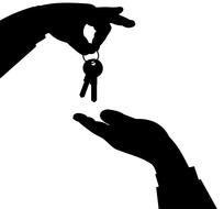 Silhouette of the hand, giving keys to the other hand, at white background, clipart