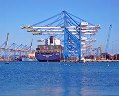distant view of a large ship in port