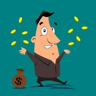 Smiling man with the money bag and coins, on clipart