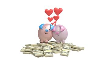 lovers piggy banks on dollar packs