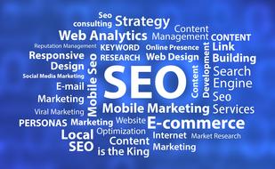 seo, word cloud at blue background