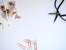 paper clips, wire cutters and photos on the table