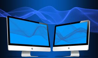 Internet Technology, two Screens at blue background, drawing