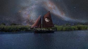 starry sky over an old sailing ship on the water