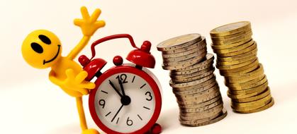 Time Is Money, concept, abstract person with alarm clock and stacks of coins, render