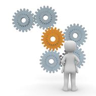 White figure with the colorful gears, at white background, clipart