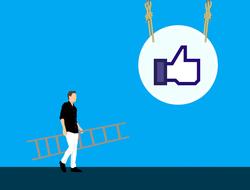 social media likes engagement, concept, man with ladder going to icon, drawing