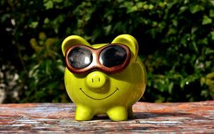 photo of a green piggy bank with glasses