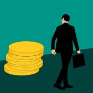 businessman looking at stack of coins, drawing