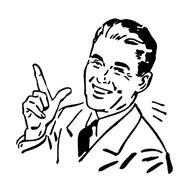 happy adult man pointing up, vintage line drawing