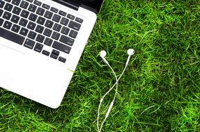 Headphone and laptop green grass