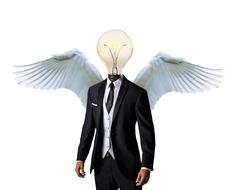 winged Businessman with light bulb in site of head