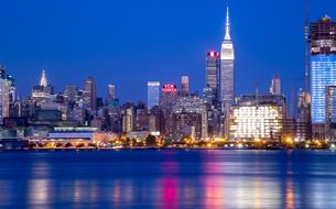 Beautiful coast of Manhattan, with the colorful lights in New York, America