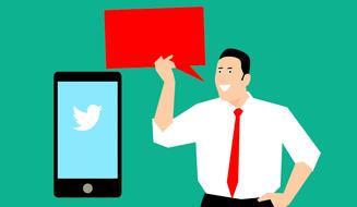 social media marketing, businessman with red board and smartphone with twitter icon, drawing