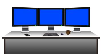 three blue monitors on the desktop as an illustration