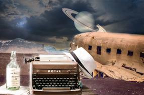 collage with old typewriter next to the plane