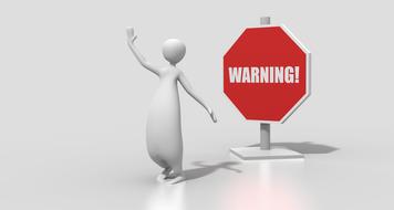 abstract person in front of warning sign, danger, 3d render