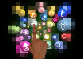 finger touching colorful network icons