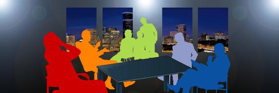 business meeting, colorful human silhouettes in office, drawing