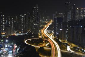 panoramic view of colorful traffic at night hong kong