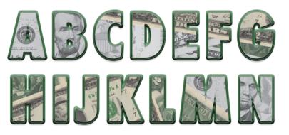 english alphabet letters with dollar bill print inside