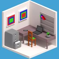 Colorful, 3d model of the cartoon room, with the furniture and devices, at blue background, clipart