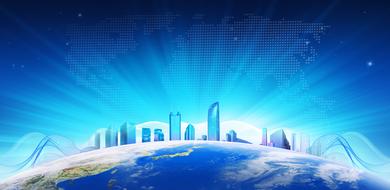 skyscrapers on earth planet, blue business background