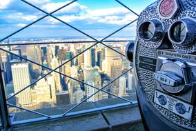 telescope on viewing point above city, usa, manhattan, nyc