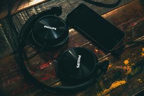 black Headphones and smartphone on desk