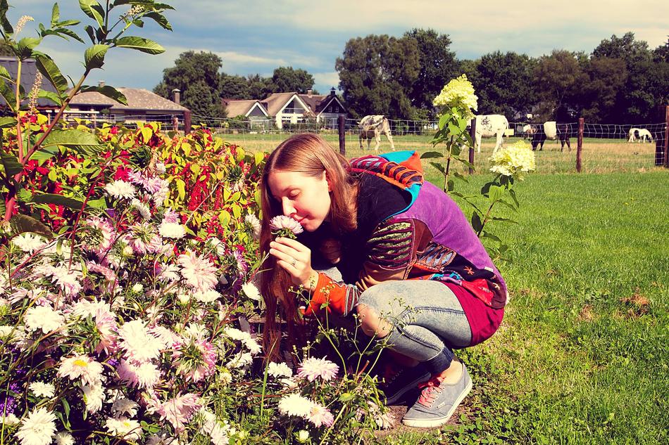 Woman Flowers Farm